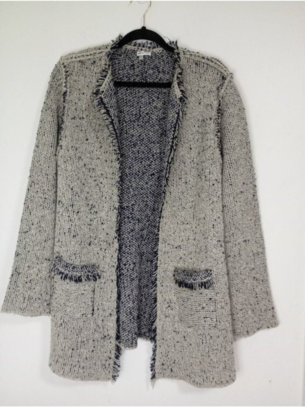 Sioni Womens Fringed Open Front Knit Cardigan Sweater Pockets Gray Blue Size XL